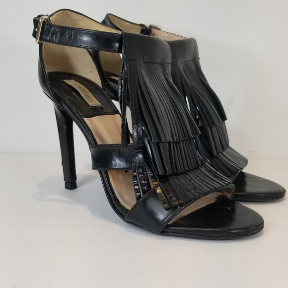 UTERQUE SPAIN FRINGE LEATHER ANKLE STRAP STILETTO HEELS BLK EUR 38 US 8 - Picture 1 of 10